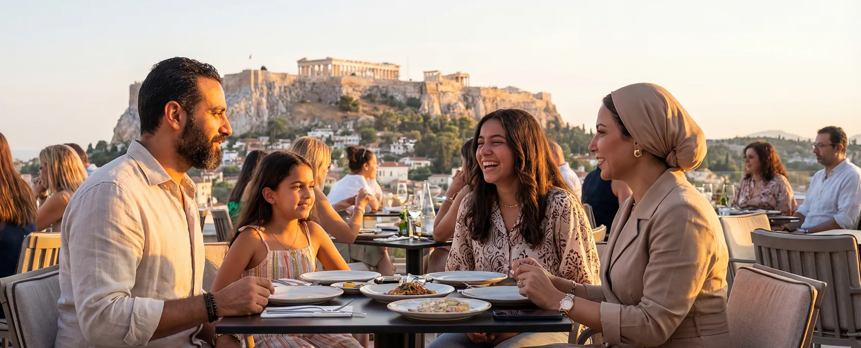 Family dinner on a terrace overlooking Athens